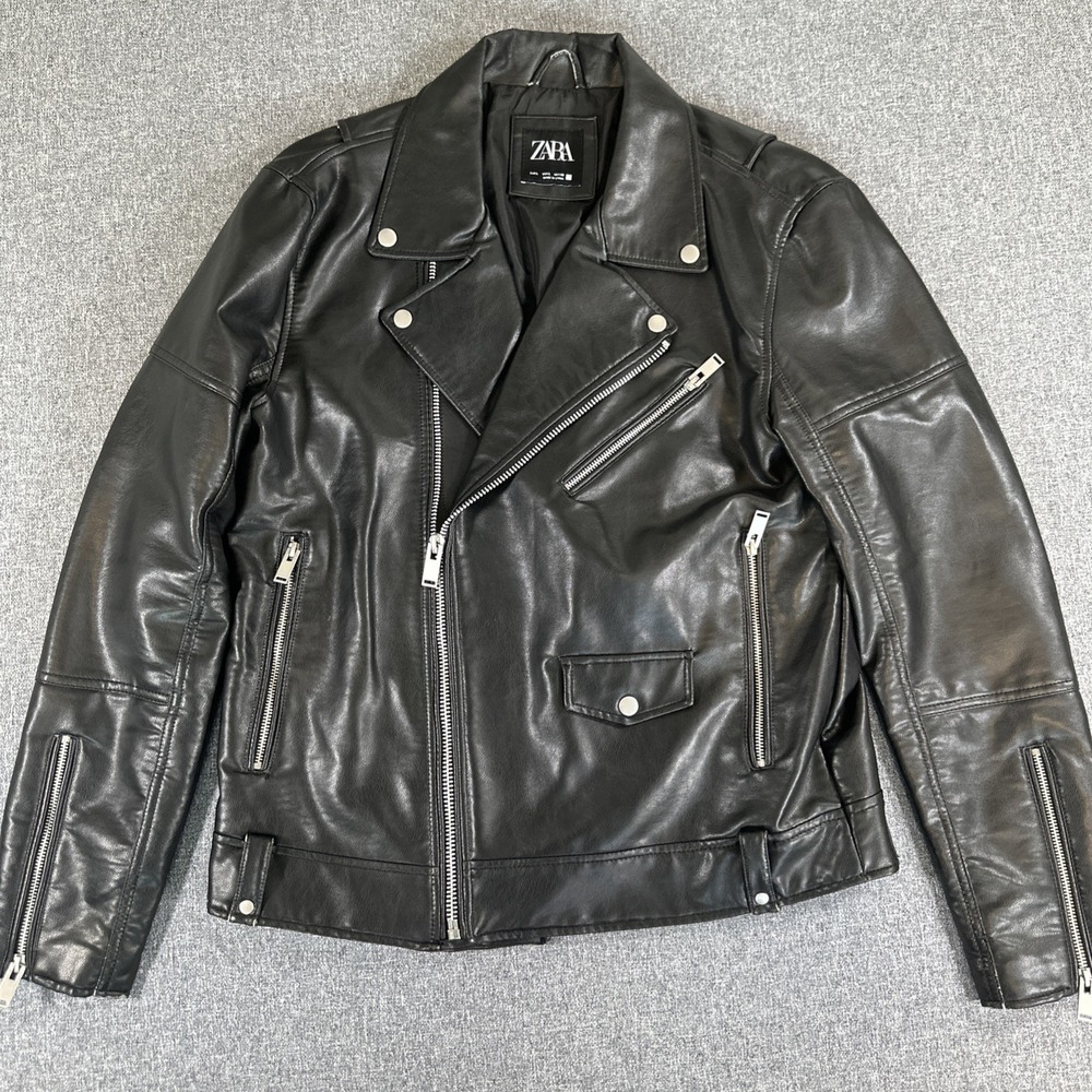 ZARA Black Faux‎ Leather Moto Biker Jacket Large Zip Punk Rock Womens
